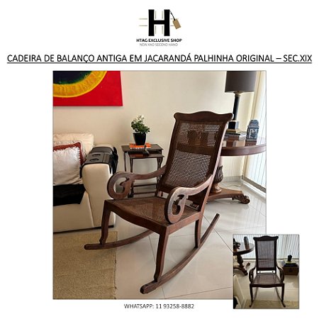 CADEIRA DE BALANÇO ANTIGA EM JACARANDÁ COM PALHINHA ORIGINAL – SÉC.XIX