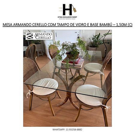 MESA RETANGULAR ARMANDO CERELLO COM TAMPO DE VIDRO E BASE BAMBÚ – 1,50M (C)