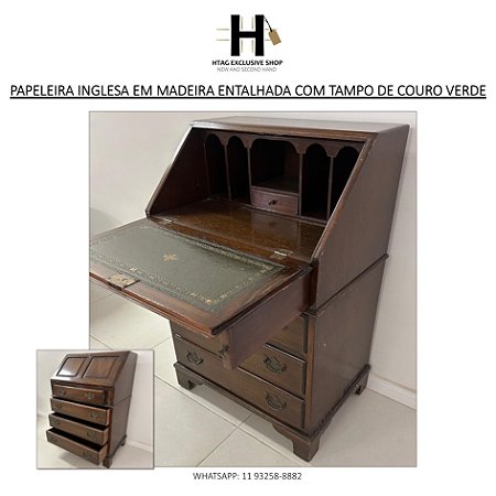 PAPELEIRA INGLESA EM MADEIRA ENTALHADA COM TAMPO DE COURO VERDE