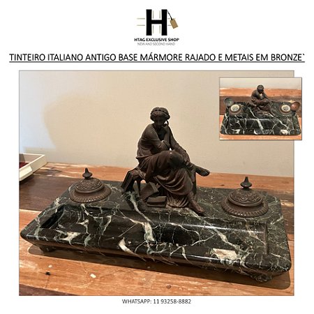 TINTEIRO ITALIANO ANTIGO BASE MÁRMORE PRETO RAJADO E METAIS EM BRONZE