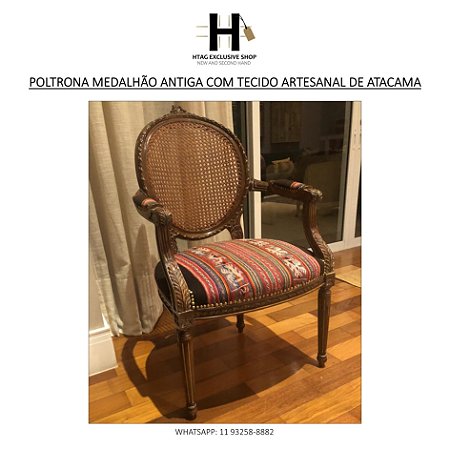 POLTRONA MEDALHÃO ANTIGA COM TECIDO ARTESANAL DE ATACAMA