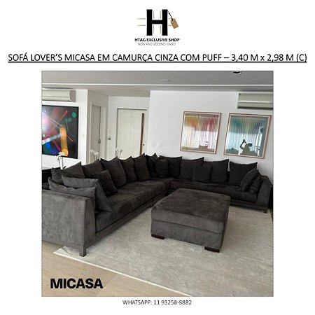 SOFÁ LOVER’S MICASA EM “L” COM PUFF ESTOFADO EM CAMURÇA CINZA – 3,40M x 2,98M (C)