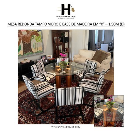 MESA REDONDA TAMPO VIDRO E BASE DE MADEIRA EM “X” – 1,50M (D)