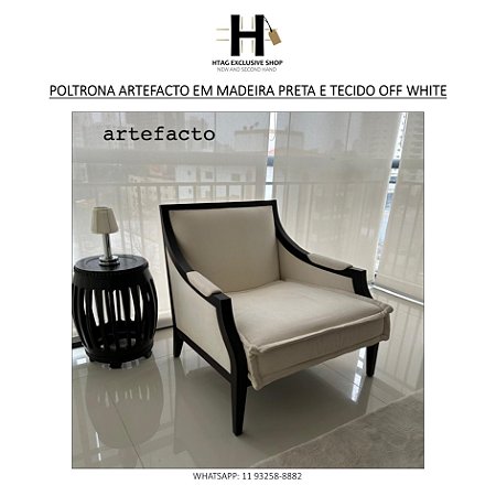 POLTRONA ARTEFACTO EM MADEIRA PRETA E TECIDO OFF WHITE