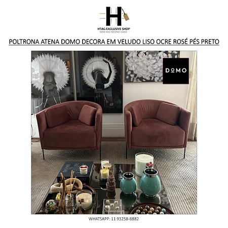 POLTRONA ATENA DOMO DECORA EM VELUDO OCRE ROSÉ PÉS PRETO