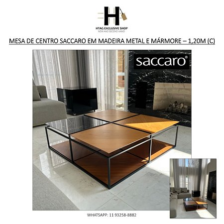 MESA DE CENTRO REVOAR SACCARO EM MADEIRA METAL E MÁRMORE – 1,20M (C)