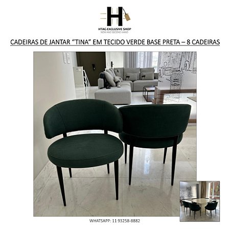 CADEIRAS DE JANTAR “TINA” EM TECIDO VERDE BASE PRETA – 8 CADEIRAS
