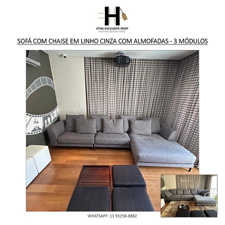 SOFÁ COM CHAISE EM LINHO CINZA E ALMOFADAS SOLTAS - 3 MÓDULOS