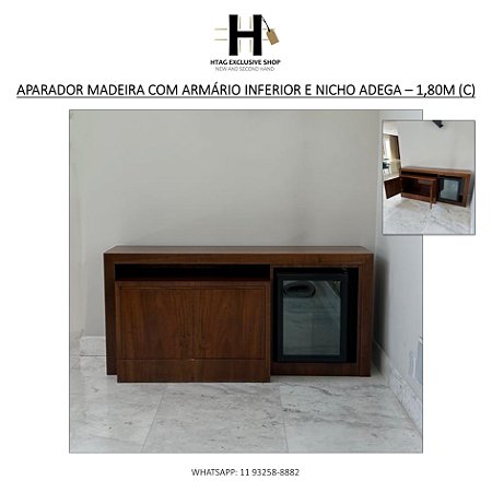 APARADOR MADEIRA ESCURA COM ARMÁRIO INFERIOR E NICHO PARA ADEGA – 1,80M (C)