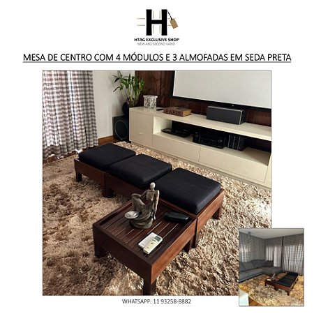 MESA DE CENTRO DUNA COM 4 MÓDULOS E 3 ALMOFADAS SEDA PRETA