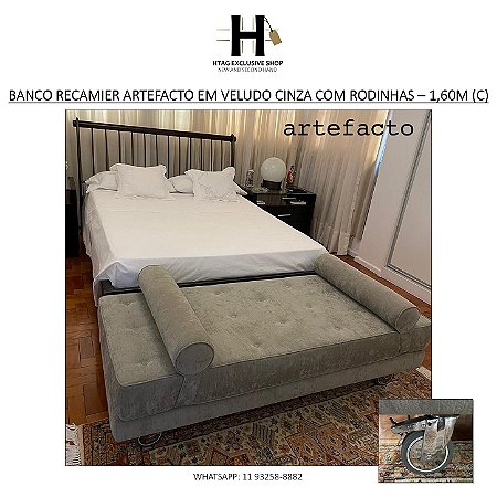 BANCO RECAMIER ARTEFACTO EM VELUDO CINZA COM RODINHAS – 1,60M (C)