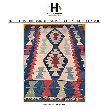 TAPETE KILIM TURCO VINTAGE GEOMÉTRICO – 2,73M (C) X 1,73M (L)