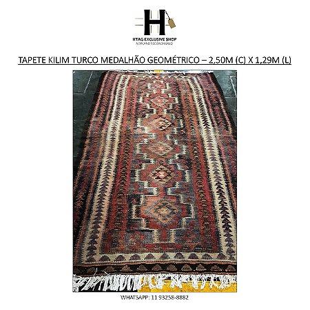 TAPETE KILIM TURCO VINTAGE MEDALHÃO GEOMÉTRICO – 2,50M (C) X 1,29M (L)