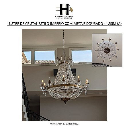 LUSTRE DE CRISTAL ESTILO IMPÉRIO COM METAIS OURO ENVELHECIDO – 1,50M (A)