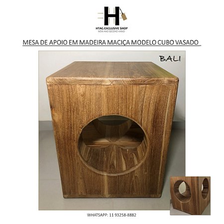 MESA BALINESA DE APOIO DESIGN CUBO EM MADEIRA MACIÇA - BALI