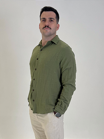 Camisa M/L de Algodão Rústico Verde Militar