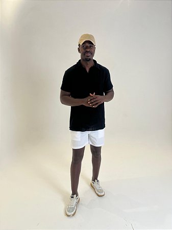 Bata Manga Curta de Algodão Rústico Preta