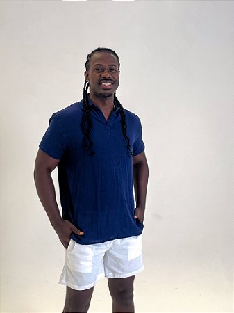 Bata Manga Curta de Algodão Rústico Azul Marinho