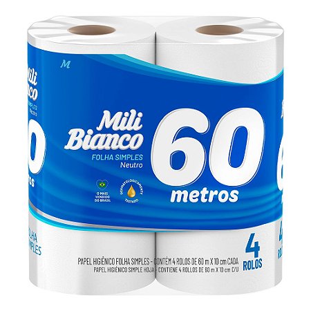 Papel Higiênico Mili Bianco Folha Simples - 60m - 04 Rolos