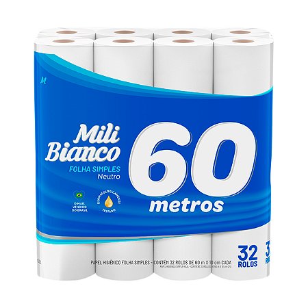 Papel Higiênico Mili Bianco Folha Simples - 60m - 32 Rolos