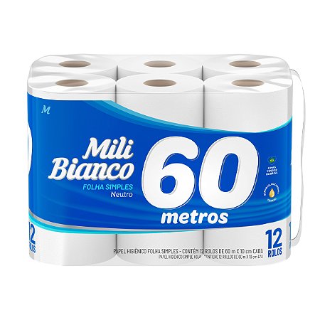 Papel Higiênico Mili Bianco Folha Simples - 60m - 12 Rolos