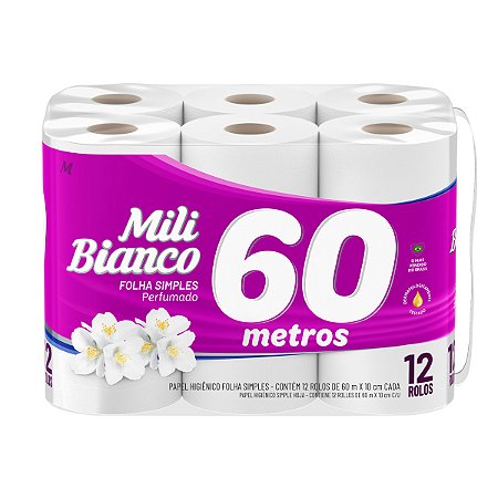 Papel Higiênico Mili Bianco Perfumado Folha Simples - 60m - 12 Rolos