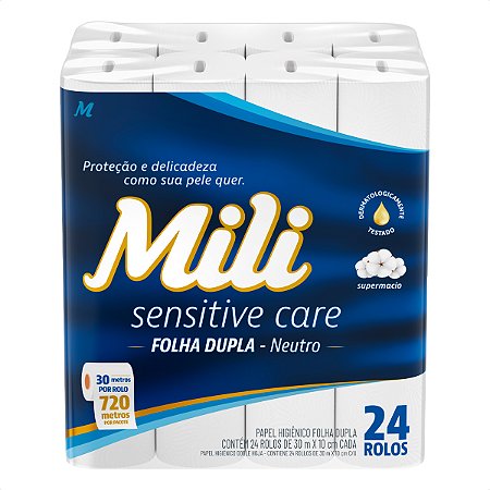 Papel Higiênico Mili Sensitive Care Folha Dupla - 30m - 24 Rolos