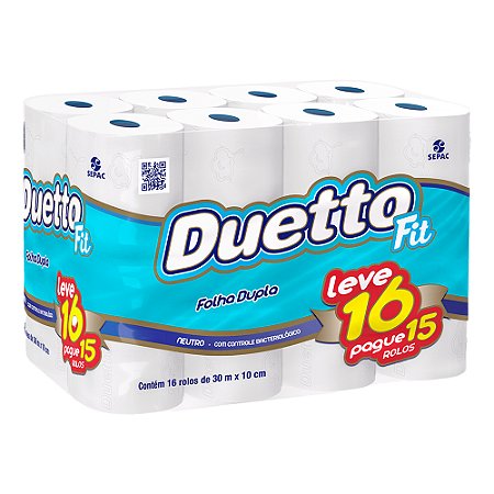 Papel Higiênico Duetto Fit Folha Dupla - 10cmx30m - Leve 16 Pague 15 Rolos