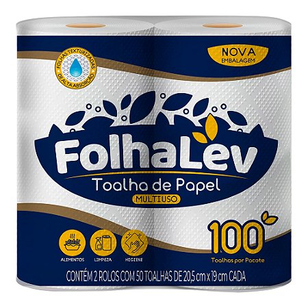 Papel Toalha Folhalev 50 Folhas - 20,5cmx19cm -  02 Rolos