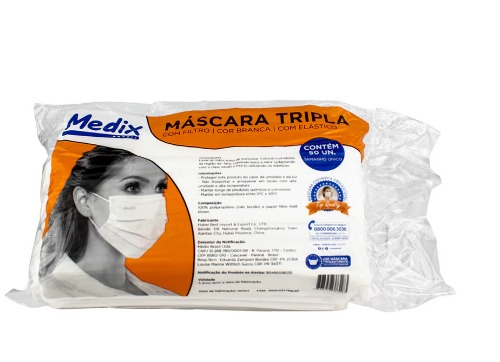 Máscara Tripla com Elástico Branca c/50und Pacote - Medix