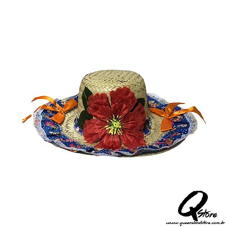 Chapéu de Palha com Tecido Colorido Festa Junina Feminino- Laço Laranja