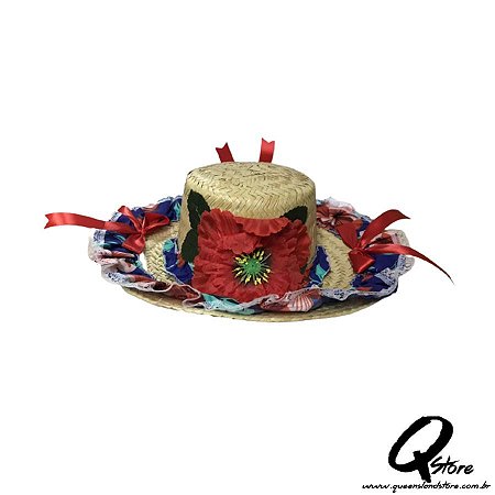 Chapéu de Palha com Tecido Colorido Festa Junina Feminino- Laço Vermelho