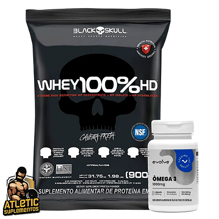 Whey 100% HD (900g) - Black Skull + Ômega 3 1000mg (60 cápsulas) - Evolve