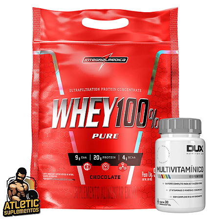 Whey 100% Pure (900g) - Integralmédica + Multivitamínico Esportivo (30 cápsulas) - DUX Nutrition