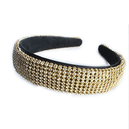Tiara Base Larga Dourada em Strass
