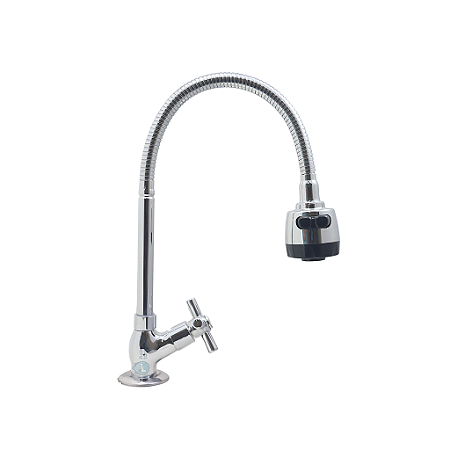 Torneira Gourmet Metal Inox Tubo Flexível Duplo Jato Cozinha Mesa / Bancada Luxo C-34 FP