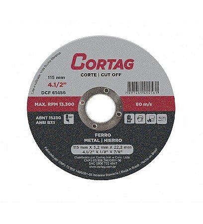 Disco De Corte Para Ferro 115Mm 4.1/2" X 1/86 62019 Cortag