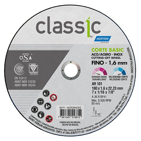 Disco Corte Ferro Inox 7" 180X 1.6X22 Clas. Basic Norton