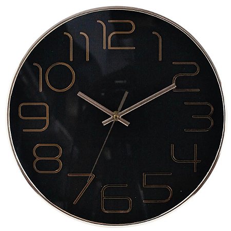 RELOGIO DE PAREDE PLASTICO 30X30X5CM PRETO E DOURADO