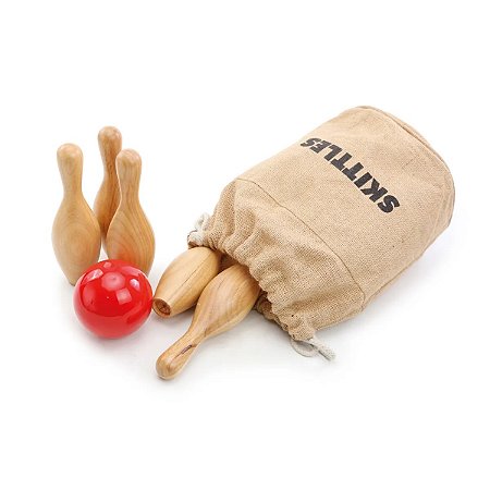 JOGO DE BOLICHE MADEIRA NATIVA 26X23X18CM COM BOLA VERMLHA E 6 PINOS