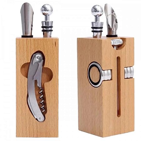 KIT VINHO COM 6PCS C SUPORTE EM MADEIRA