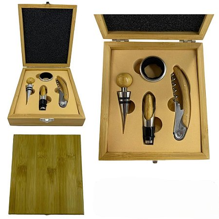 KIT DE ACESSORIOS PARA VINHO EM METAL CAIXA MADEIRA