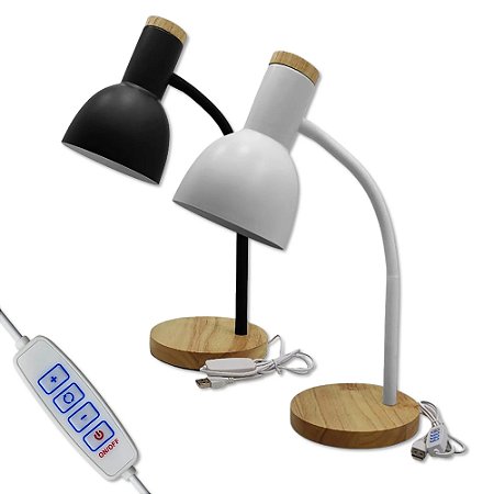 LUMINARIA DECORATIVA DE MESA COM CABO UBS LED COM BASE DE MADEIRA