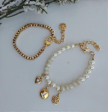 Mix de Pulseiras de Pérolas e Corrente