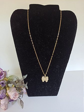 Colar Pingente Borboleta e Zircônias Folheado à Ouro 18K