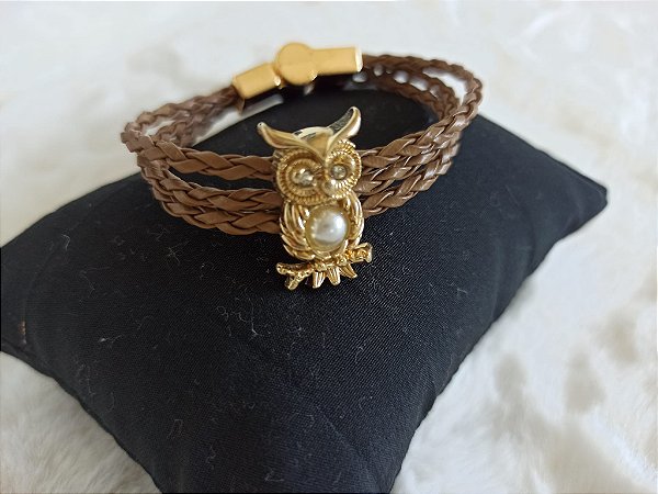Pulseira Feminina Couro Trançado Berloque Coruja
