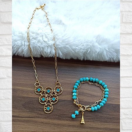 Conjunto Colar e Pulseira Correntes e Cristais Azul Turquesa