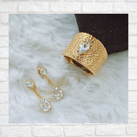 Brinco e Anel com Zircônia Folheados à Ouro 18K
