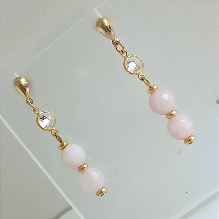 Brinco Quartzo Rosa e Zircônia Folheado à Ouro 18K