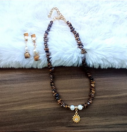 Conjunto Colar e Brinco Pedras Naturais Olho de Tigre e Pérolas